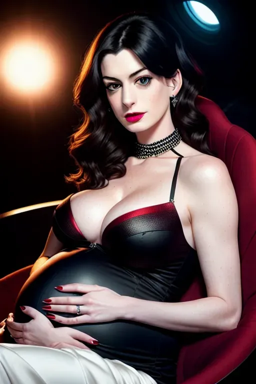 A photo of Anne Hathaway, sitting, hugely pregnant, in a spaceship, wearing goth clothing, accurate face, large breasts, four slender fingers, gorgeous face, beautiful red lips, smooth skin, detailed large eyes, curved eyebrows, eyeliner, cinematic lighting, generous cleavage, unreal engine, bokeh