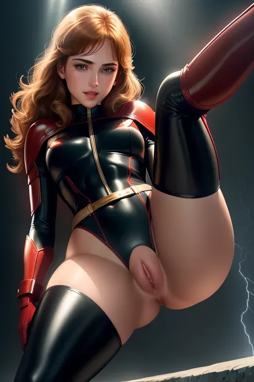 Super hero, pleasuring herself, messy golden brown hair, red headband, dark eyebrows, seductive green eyes, small nose, soft cheeks, full smiling lips, in pleasure, drooling, narrow chin, ripped up black and red bottomless unitard, thigh high boots, utility belt, sexual parts showing, small breasts, thin waist, thicc ass, full thighs, aroused clit, wet vagina, throbbing anus, one hand pleasuring her pussy, submissive, flying, lightning, realistic, life like, high definition, excellent lighting, 4k quality, awesome shading, great detail, five fingers per hand