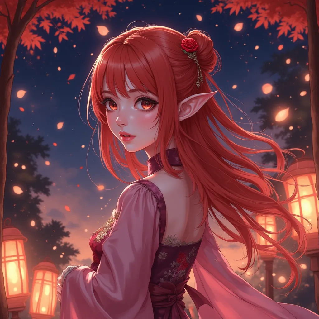 VibrantlySharp style,
3pic_vist4,
animeniji, (romantic soft-palette anime aesthetic), over-the-shoulder angled view at eye level, a red-haired elf in silky ceremonial dress looking toward the viewer with parted lips, twilight glade with falling autumn petals and glowing lanterns