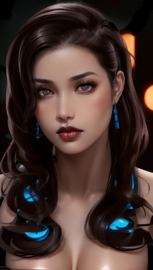 heavy metal woman, Hard face, ((brown eyes)), rosy cheeks, pale skin, wavy dark black hair, heavy eyeshadow, tattoos, Black Leather top, Medium breasts, bright lips, highly detailed skin textures, highly detailed eyes, blank blue background, ((lip ring))