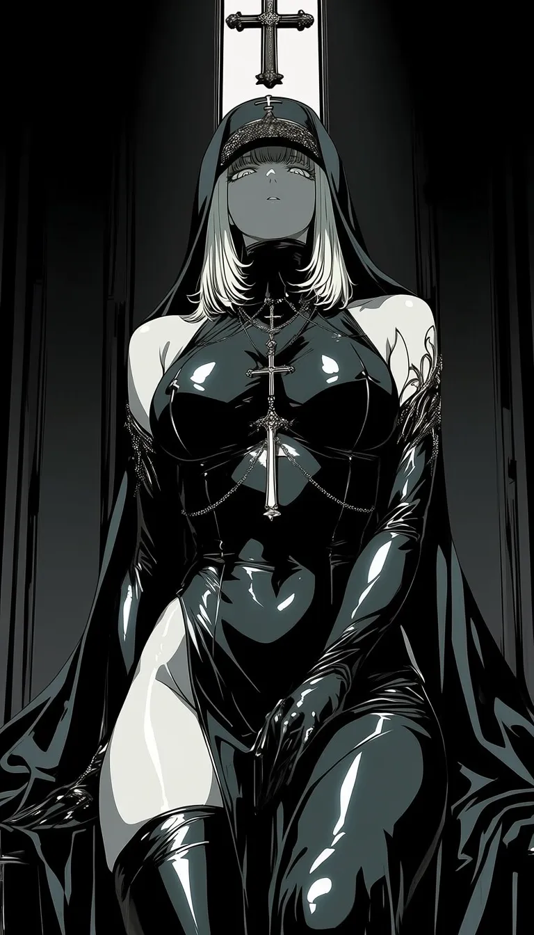 dark_art_style, 1girl, solo, alone, nun, cross necklace, masterpiece, highres