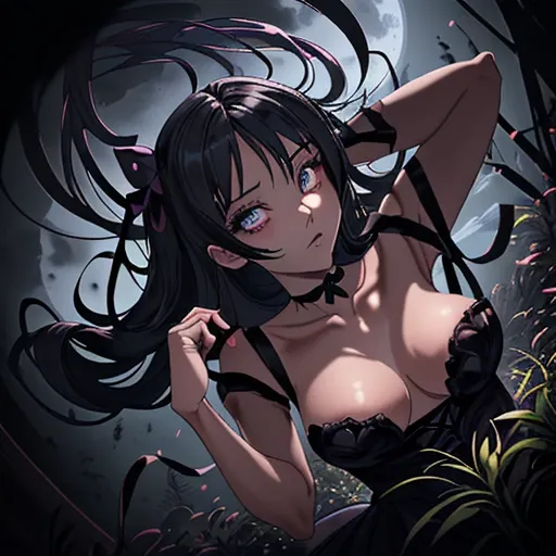 Anime-inspired female, 21, black medium-length hair, side bangs, blue eyes, fit physique, medium perky breasts. Dressed as a maid with black and white uniform and black lace lingerie. POV from a male perspective, lying down, shy expression. Top undone, breasts shown, erect nipples. Thighs apart, lace panties down, shaven wet pussy visible. Soft lighting, high detail.