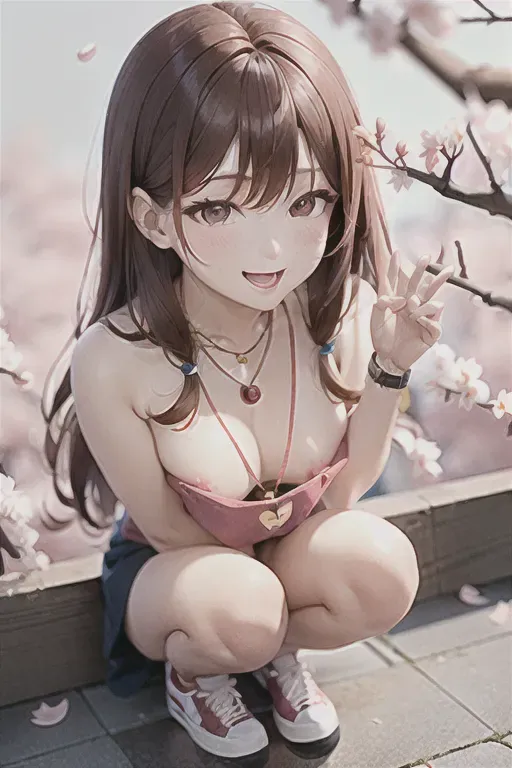 sam yang, 1girl, 1boy, penis, ginger, vaginal sex, penetration, blurry, blurry background, brown eyes, brown hair, cherry blossoms, full body, holding, jewelry, looking up, messy hair, necklace, rain, shoes, nude, smile, sneakers, watch, wristwatch