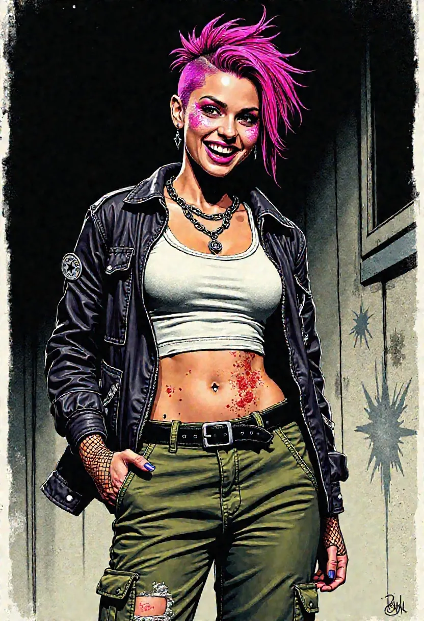 Abbi Rose, punkrock girli with itty bitty chaos and grown-ass posture, illustrated in hand-drawn realism with pop-art background flair and bold stylized contouring
wiry frame, fauxhawk cropped in faded magenta, short razored sides and jagged pixie crown like static caught mid-motion, wide eyes ringed in heavy black liner, neon-pink lips open in a glitter-smeared grin, energy volatile and magnetic
bright white fitted tank top smeared with glitter and makeup stains like warpaint, black and green striped army-style jacket overtop, sleeves rolled high like she’s about to throw something, tension in her shoulders
deep olive green cargo pants with wide legs, cinched tight at the waist by a black leather belt, decorated with scattered hand-sewn patches in mismatched fabric and texture, punk quilted chaos
fine mesh fishnet arm-warmers layered to the wrist, hands relaxed but wired, neck strung with small silver chains in uneven loops
platform Converse All Stars still stomping below, marker-tagged and loud, stance casual but off-axis, hips tilted, one foot slightly forward
posed in front of a pop-art inspired backdrop—bold lines, flat blocks of color, printed halftone haze—framing her like a comic panel ready to shout, drawn with expressive ink, soft textures, and absolute punk clarity