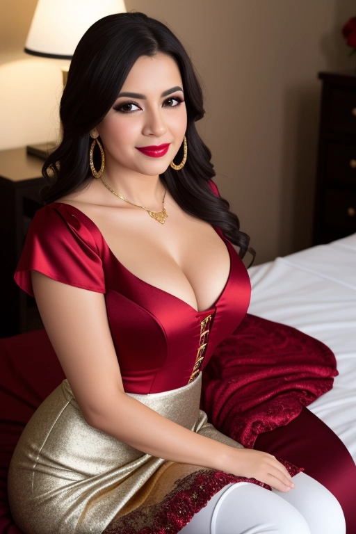 RAW photo, Professional, HDR, UHD, full body portrait, 64k, Hispanic woman, large tits, (red satin blouse:1.3),( gold skirt:1.3), ((white boots)), corset, seductive, lipstick, detailed eyes, long dark hair, hazel eyes, fake eyelashes, eyeshadow, elaborate jewelry, indoors ,smile, Canon camera