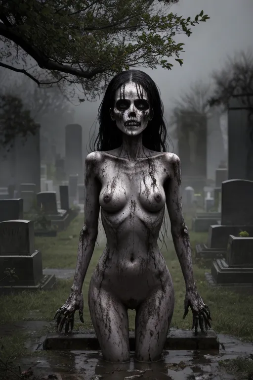 Naked undead woman,rising from the grave,cemetery,dark,crypts,bones,rain,mud,wet,dripping,tombstones,abandoned,overgrown