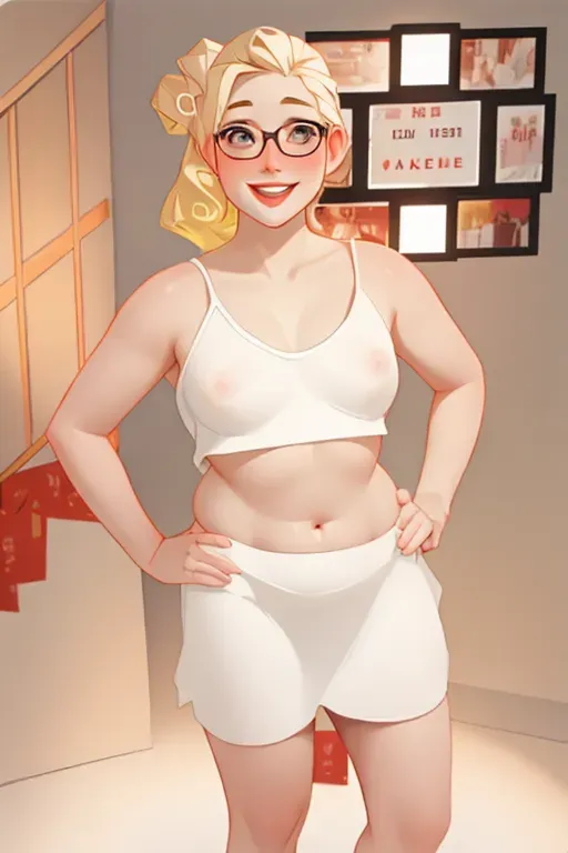 Natural hair, naked, smile, cum, horny, naked, no clothes, nude, completely_nude, standing, happy, facial, topless, same face, curvy, same_face_as_inspiration, curves, remove clothes, glasses, short, small breasts, small nipples, bush, pubic hair, Caucasian, perky tits, white_girl, thin eyes, thin_eyes, pale_skin, blonde, no clothes, stripper