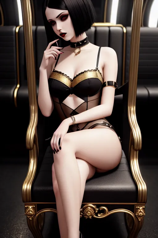 a illustration of,an ukrainian girl,wearing goth clothing,sitting in a chair,in the london underground,natural breasts,five slender fingers,short hair,beautiful face,beautiful lips,curved eyebrows,pale skin,wearing golden ring,highly detailed,unreal engine,studio lighting,sharp focus,cgsociety