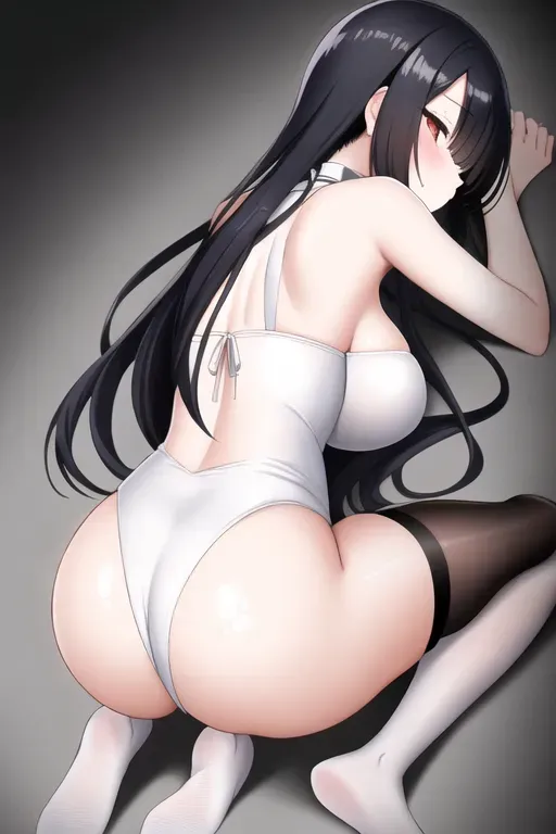 masterpiece, best quality , sex,sex from behind,hetero,1girl,1boy,lying,on stomach,prone bone,large breasts,ass, ass focus, anus,lora ProneboneMS yamamura_sadako, white dress, (grey skin), hair over eyes, eyes covered, black hair, all fours, crawling, arched back