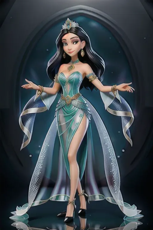 Graceful and slender body, Eyes that shimmer like deep pools of uncertainty, Long flowing raven-black hair, Porcelain-pale skin that contrasts with her dark hair, Full and luscious lips with a natural flush, Radiant smile with a perfect balance of warmth and mischief, Captivating hips, alluring sides, and shapely waist, Enchanting gaze revealing boundless compassion and unwavering faith, Mesmerizing beauty that seems to radiate from within, Form-fitting gown made from shimmering transparent otherworldly fabric, Intricate patterns and symbols on the dress reflecting dimensions and forces, Ornate choker-style necklace with an enigmatic sigil pendant, Elaborate arm cuffs adorned with arcane markings, Knee-high intricately designed boots blending modern style with surreal elements,Transparent diaphanous gown with iridescent patterns, Celestial belt adorned with stardust-like gemstones, Shimmering bracelets, Intricate tiara adorned with luminescent gemstones