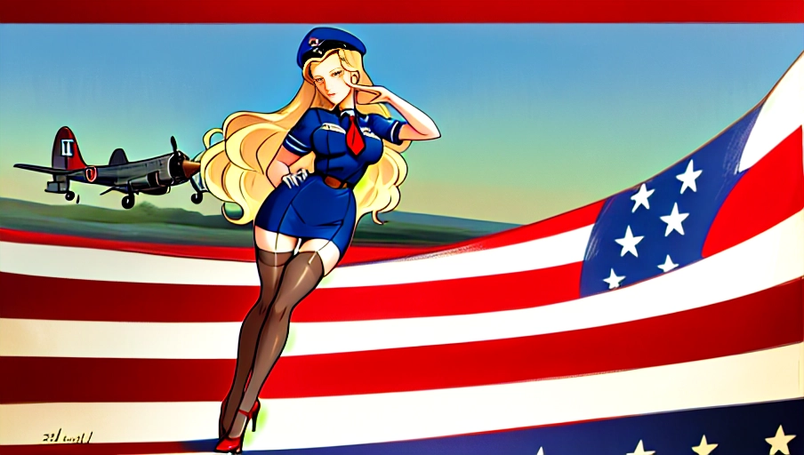 1940s era Pin up pose, 1940s era pin up outfit, long Legs, standing, thigh gap, legs showcased in photo, (thigh high seamed stockings), WWII B-17 bomber nose art, bleach blonde wavy hair, (1940s era hairstyle), United States Patriotic scene, Red platform high heels, 40 years old, outdoors on a vintage WWII airfield, sexy pose, American flag themed dress,