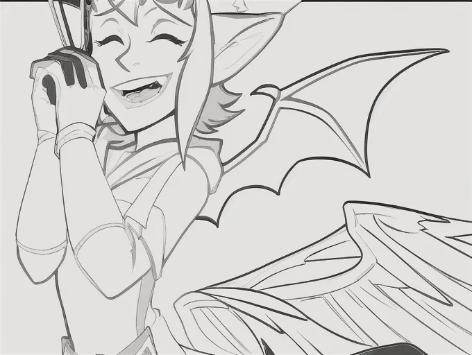 masterpiece, best quality, full face, half body, 1girl, solo, short_hair, horns, imp, smile, pink hair, tussled hair, blue hoodie tunic, belt with star long_gloves, mono lens goggles, lineart, bat wings, tail, centered in frame, dynamic, <lora:manga_lineart:1>