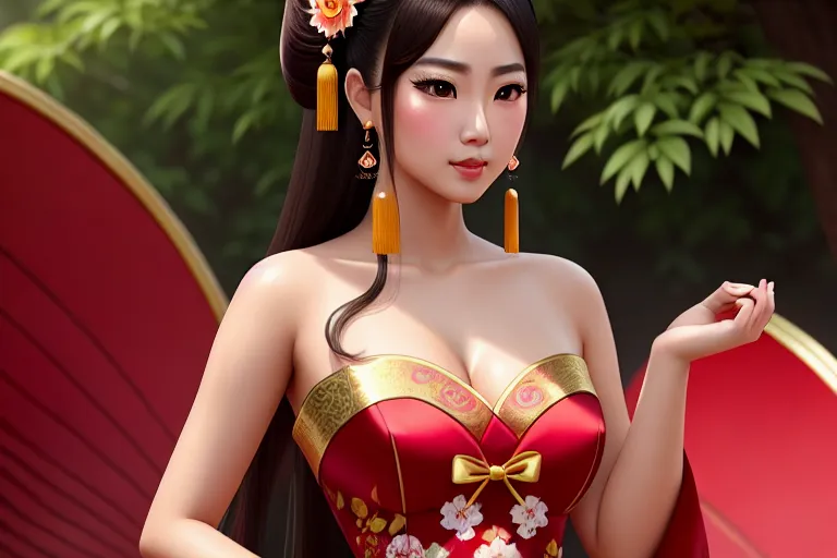 a digital painting of,yuzuki eba,wearing chinese costume,standing,outdoor,small breasts,five fingers per hand,charming face,beautiful lips,brown eyes,curved eyebrows,curved eyelid,textured skin,peaceful,tattoo,bokeh,ultra realistic,smooth,artstation,pixiv
