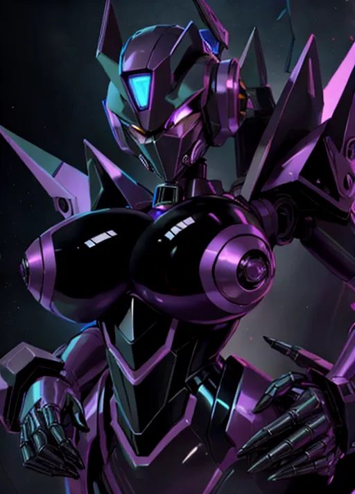 An 8k photograph of, (((Airachnid))), (from Transformers Prime), (Transformer), ((Fembot)), Decepticon Airachnid, Cybertronian, ((royal purple and black robot)), ((black headdress with orange hilights)), ((gray robotic face)), (((all gray latex humanoid face))), (((does not have a nose))), (no hair), (((huge black latex breasts))), (((anatomically correct nipples))), (((erect royal purple latex nipples))), (plump robot bubble-butt), purple stomach, black lips, purple hands, (grinning), ((glowing purple robotic eyes)), (no organic skin), (add details), no hair, ((mechanical parts)), (black latex flesh), highly detailed, art style of BootyDoc, in focus
