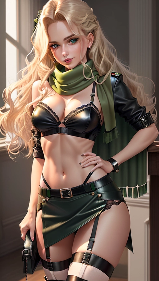 Age 18, Long, wavy blonde hair that cascades down her back in loose curls, Slutty scout uniform, Blue eyes that sparkle with mischief and flirtation, Full, pouty lips that are painted a deep red shade, Tall and slender build, with long, toned legs and a flat stomach, Wearing a short, fitted khaki miniskirt that falls well above the knee, showing off her toned legs and black garter belt, green panties, Tight, sheer white blouse with a plunging neckline that reveals a generous amount of cleavage, accentuated by a green lace bra,
Green sash adorned with badges and pins, worn over the blouse and tied in a neat bow at the waist, bare midriff, Green scarf tied around the neck, with fringed edges that dance and sway as she moves, Green fishnet stockings that add a touch of edginess to the outfit, Black leather knee-high boots with chunky heels, laced up the front with buckles and straps, Green beret worn at a rakish angle, with a few strands of hair peeking out from underneath, Black leather utility belt worn low on the hips, with a variety of pouches and pockets for storing sex toys and accessories, Confident and playful demeanor, with a flirtatious smile and a twinkle in her eye, Oozing sex appeal and a sense of adventure, this woman is ready to fuck anyone and have a good time doing it.