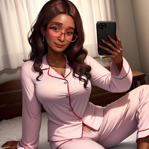 Young girl, 18 years old, sitting in bed, pijamas, sleepy, sending selfie, glasses, slightly brown skin, latina, showing tongue,