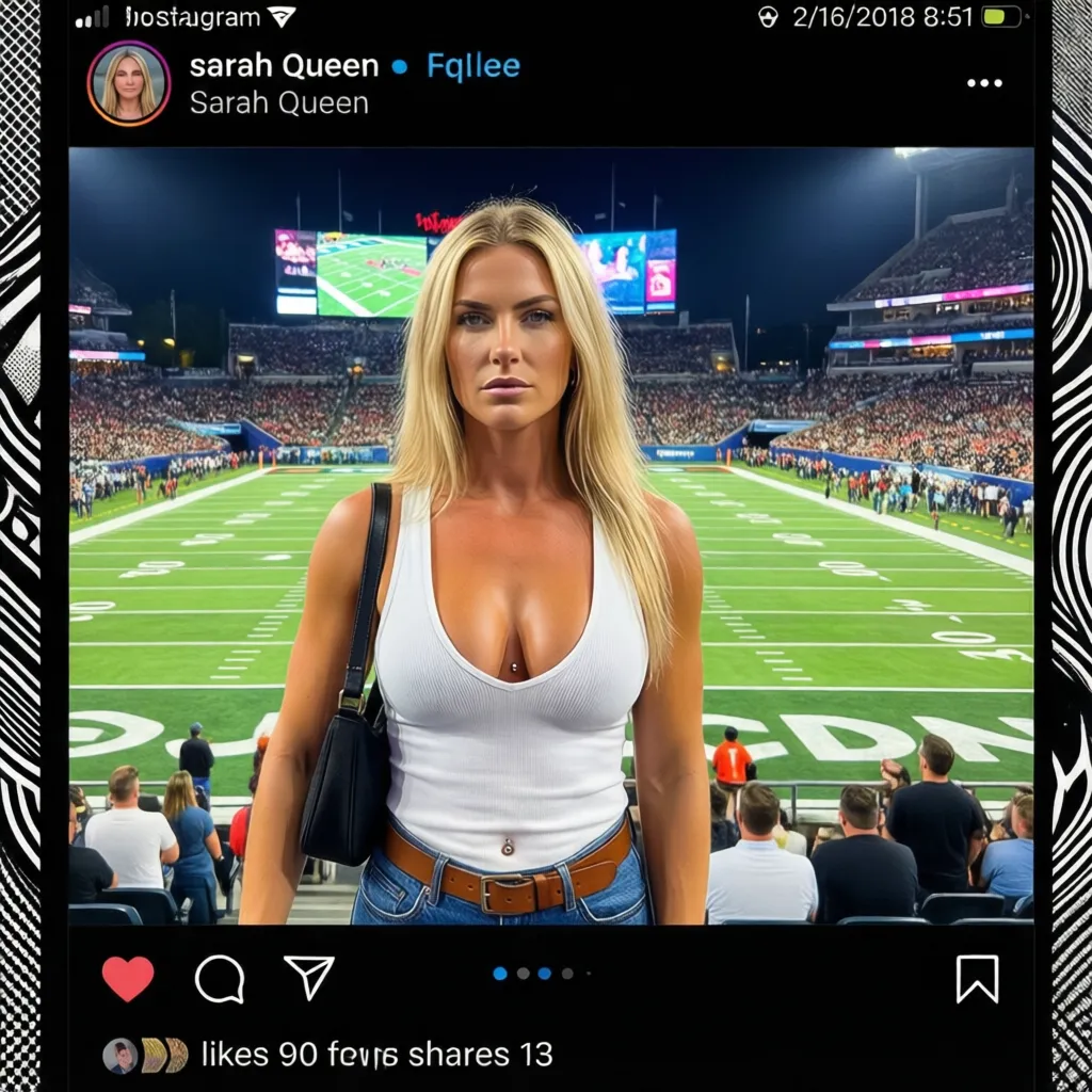photograph, social media post, Instagram, Sarah Queen, blonde woman, white tank top, low-cut, revealing cleavage, blue jeans, brown belt, black shoulder bag, standing in football stadium, night game, green grass field, white yard lines, large digital scoreboard in background, crowd in stands, Twitter timestamp 2/16/2018 8:51 PM, user profile picture top left, tweet text "beautifull", post likes 90, shares 13, border with black and white pattern, Sarah Queen has fair skin, long straight hair, serious expression, athletic build, small belly button piercing, casual style, sports event, modern stadium, vibrant colors, digital medium, realistic photography, social media layout, Twitter interface, clear weather, night lights illuminating stadium.