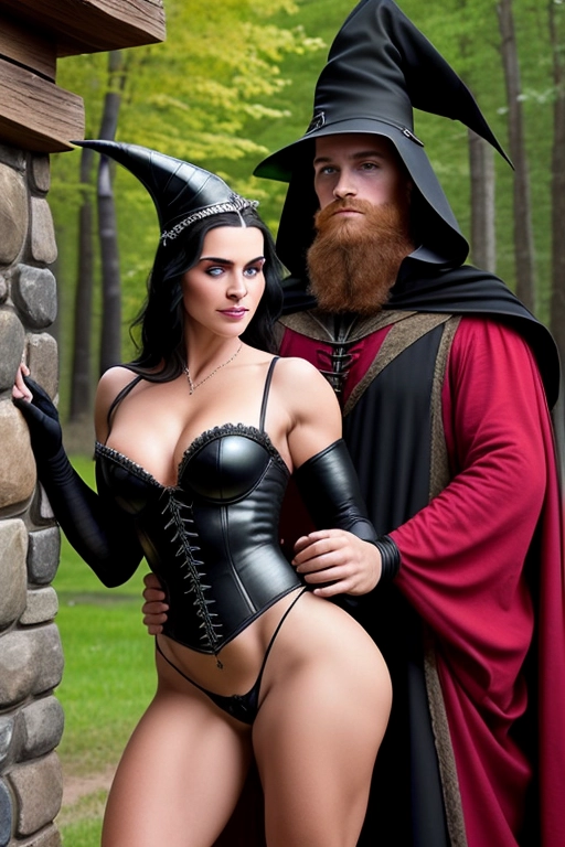It is the middle ages, We see a (((couple))), a man and a woman, a medieval witch comforting a dashing knight, (the witch has beautiful black hair), she has soft thin eyebrows, she has green cat-like eyes, concave nose, soft cheeks, full lips, narrow chin, she has a thin figure, with cute breasts, thin waist, curvy hips, bubble butt, full thighs, cute feet, she is wearing a pointed witch hat, black witch robes, she is disrobing, she is exposing her vagina to the knight, (the knight is a dashing red head), he has defined eyebrows, he has blue eyes, concave nose, strong cheeks, strong chin, red beard, he has a mucular frame, biceps, triceps, abs, he is wearing a knights apparel, he still has pants and boots on, the with and the night are in a cottage, they are fixing to have sex, ((high definition)), ((4k quality)), (excellent lighting), (great shading), pristine detail, (very clear picture), ((beautiful vibrant colors)), (accurate at lower prompt guidence), ultra realistic, (((five fingers per hand))).