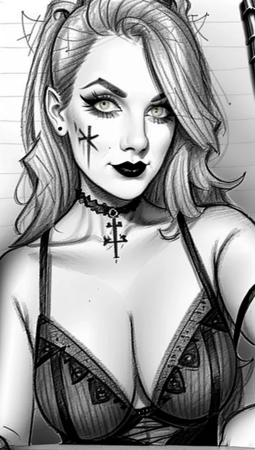 sketch of beautiful goth girl taking selfie, ((pencil sketch on lined paper)), art, amateur rapid pencil sketch, guide lines visible, shading, amateur pencil sketch of woman, pencil sketch of goth, drawing, lined paper sketch, drawing of beautiful goth girl, pencil drawing of goth, erasure marks all over, gray shading in cleavage area, gray pencil shading on face, guidelines on face,