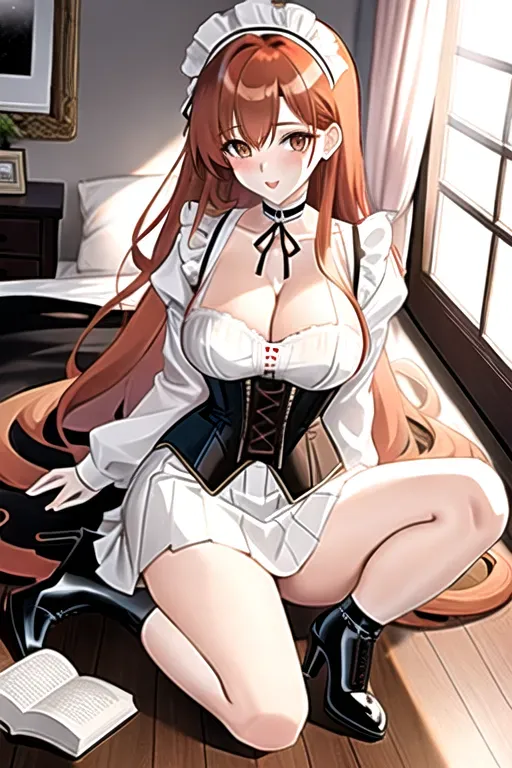 long ginger hair, brown eyes, pale skin, giant breasts, white maid uniform, showing cleavage, bedroom, pov, looking at viewer, miniskirt, corset, high heels, overlooking city, 4k, 25 years old, full body photo, choker