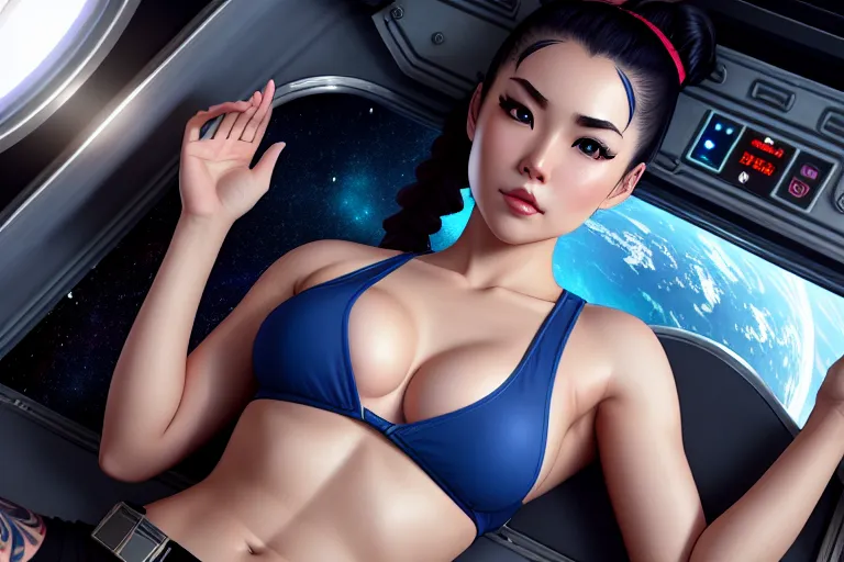 a photograph of,miyuki shiba,wearing tank top,lying,in the space station,amazing breasts,five fingers per hand,ponytail,charming face,beautiful lips,blue eyes,curved eyebrows,pale skin,erotic,tattoo,artstation,highly detailed,sharp focus,professional,8k