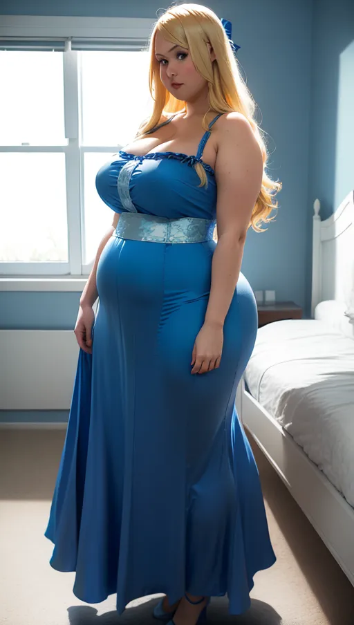 Huge tall chubby female, blond hair, blue dress, Liftingher dress up to present private area, solo, bedroom, standing, aggressiv,