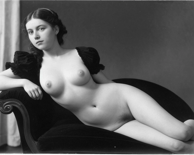 a naughty french postcard circa 1890 depicting a lovely young woman, mise en scene, casual nudity hirsute <lora:dpmg_better_bodies:.3>, chaise lounge, vignette, lithography photographic process color duotone blue halftone over black, moire caused by rescreening a halftone, realistic, staging inspired by dutch masters illuminism interplay of light