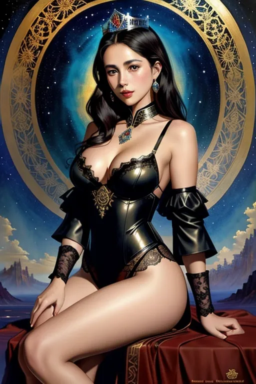 A young Queen Elizabeth II, beautiful face, dark hair, wearing leather lace lingerie, ((full body and thighs visible)), seated, artistic concept painting of beautiful fantasy landscape, surrealism. Gentle and dreamy design, background illustration, mosaic art image style. Author Pino Deheni, Tom Bagshaw, Pino Deheni, Carol Barker, Michael Whelan, Use masterpiece and stunning Chinese water color drawing.