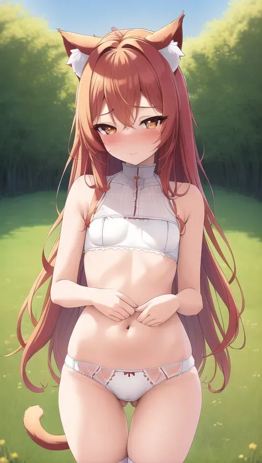 masterpiece, best quality, ((small breasts)), detailed background, cute woman in a field, ((cute white underwear)), red hair down to her waist, detailed golden eyes, thigh gap, exhausted, blushing, pussy outline, detailed pussy, cat ears, fluffy tail