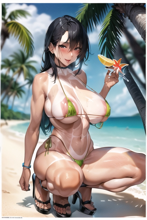 (Slim mature adult girl:1.3) wearing microbikini with (tropical colors:1.2), high heels and stockings, ahegao, teasing breasts, beach, clouds, squatting, long hair, tanlines , <lora:dpmg_muscle_girl:1>