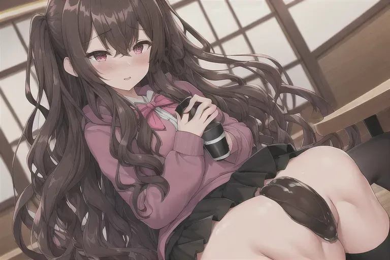 Hentai art of girl masturbating and cumming in public coffee shop. Black long curly brown,pink hoodie,black skirt very cute,hands under the skirt