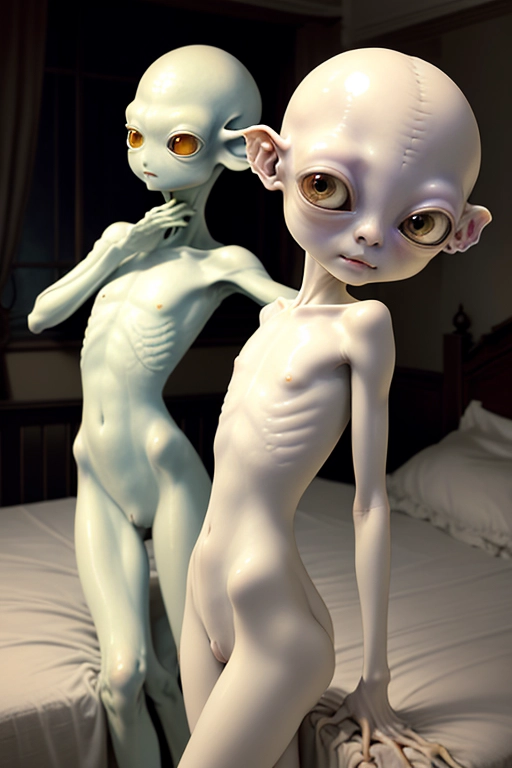 naked 18-year-old very slender young beautiful tiny gentle tree-frog alien Aria Haze in a dark ambient antique bedroom. Guillermo Del Toro film Pans Labyrinth style. she has smooth fair alabaster ivory skin, a huge bulbous bald alien head and a tiny body. she has beautiful huge black obsidian eyes. she is fingering her anus for me. rear view. realistic.