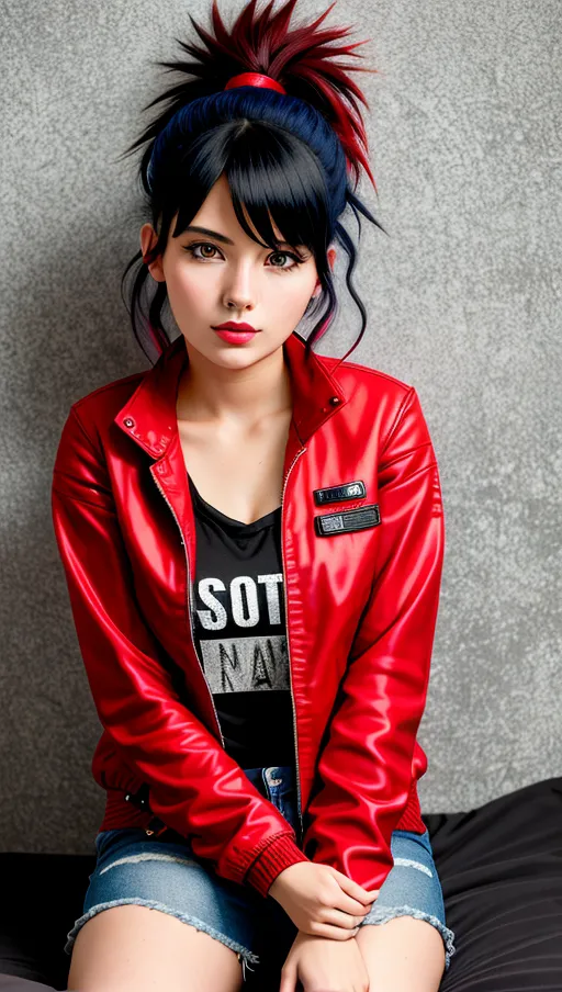 young 25 year old lady,(beautiful face with Downturned eyes with snub nose and lush lips), angry, worn and very torn jeans, (black short crazy Manga style hair), bluish eyes, (red doc Martin shoes), (red leader jacket and a black shirt with huge letters), (sitting in a punky bed, back is leaning at the wall), shy smile, (((ultra high resolution photo))), close up