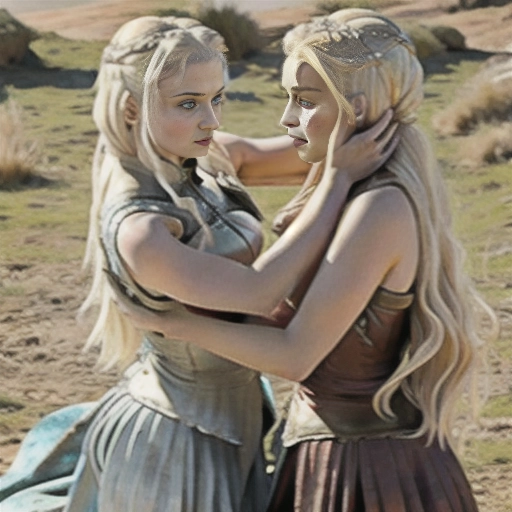 Game of Thrones (2girls)
((Sansa Stark and Daenerys Targaryen))
<lora:N7YxNJkNxBk_Hairpulling:0.8>
Seen from above
dynamic poses of two girls fighting in fierce tight embrace snarling at each other having scratched each other bloody in a brutal catfight with blood streaming between two beauties who hate each other
young topless