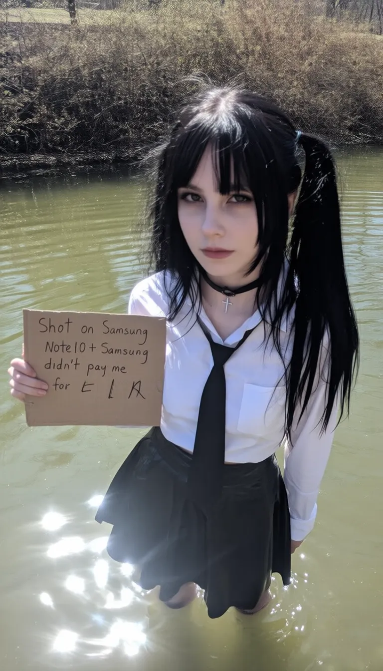 A high-resolution digital photo. bright sun lited outdoor scene, raw unedited amateurish candid shot of a young woman, adorable, pinterest style. dark gothic pigtails with bangs and with very long fringes that frames her face. She stands awkwardly in a pond in a city park. her legs are submeged in water. Amateur photo, blown-out highlights and crushed shadows. She wears a black choker and a cross necklace, white office blouse with black tie and black pvc wet pencil skirt. looking at the viewer. In her left hand, she holds a cardboard with handwritten text "Shot on Samsung Note10+. Samsung didn't pay me for LoRA". Background: grainy bushes, reflective water with light artifacts. Daytime