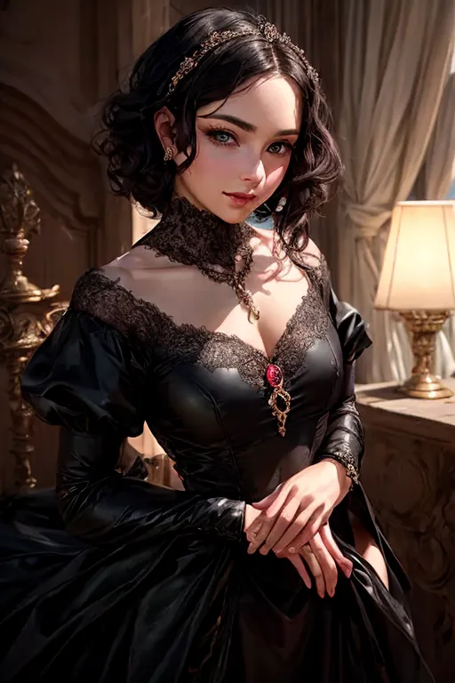 Renaissance Era princess , cute, short wavy hair, alt girl, beautiful makeup, a lot of elegant jewelry, sexy, seductive, realistic cute eyes, ((using black long sexi dress))innocent, delicate face, smug, high detail, shallow depth of field, soft lighting, <lora:dpmg_add_detail:1>