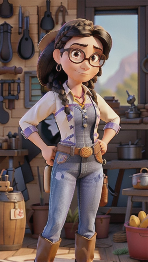 A cowgirl wearing Jessie from Toy Story clothes and holding a hammer in her right hand, black hair, braid, glasses, black eyes, tall, blacksmith workshop