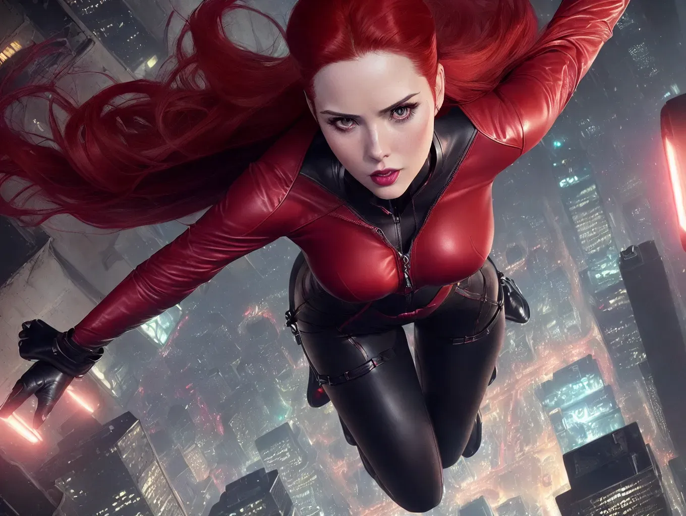realistic HD photograph ((wide shot)), (((Ellie Bamber)))((((accurate face)))),(((as Scarlet Witch)))(((suspended floating in midair)))((flying over a large city at night)))(((with an evil mischievous facial expression))),(((wearing a unzipped leather catsuit))), ((in a fighting stance)),(((very short messy wispy undercut hairstyle)))(((windswept)))(((perky breasts))),(((slender athletic body))), five slender fingers,, beautiful face, beautiful lips,detailed large eyes,curved eyebrows,cgsociety,cinematic lighting,studio lighting,professional,editorial,(((looking down at POV)))(((standing under POV)))