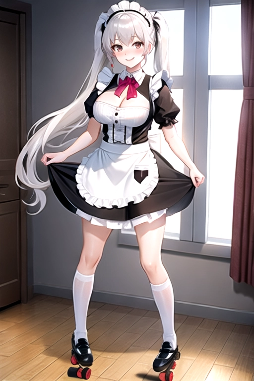 8k quality, brown eyes, pale white skin, white hair, giant breasts, cleavage, looking at viewer, pov, long hair, wavy hair, standing in bedroom, maid uniform, roller skates, miniskirt, pigtails, full body photo, smiling