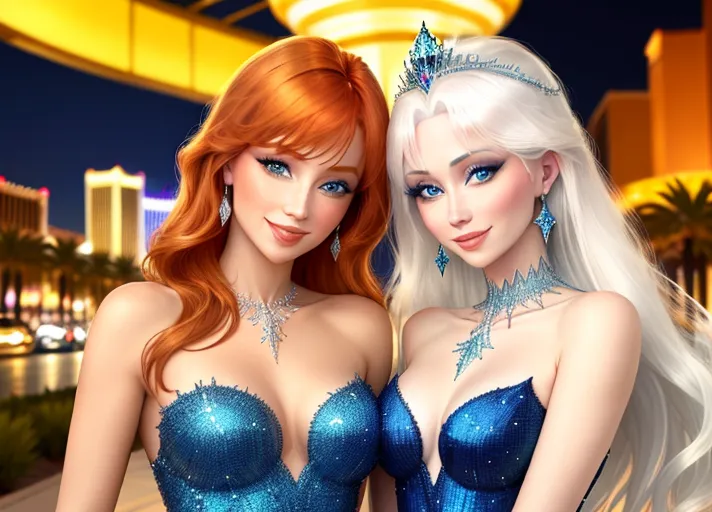 beautiful auburn haired Queen Anna in green and her platinum haired Sister, Elsa in blue, with their beautiful sapphire eyes, visit dazzling Las Vegas Strip at night. Their warm sweet smiles brightening every day.