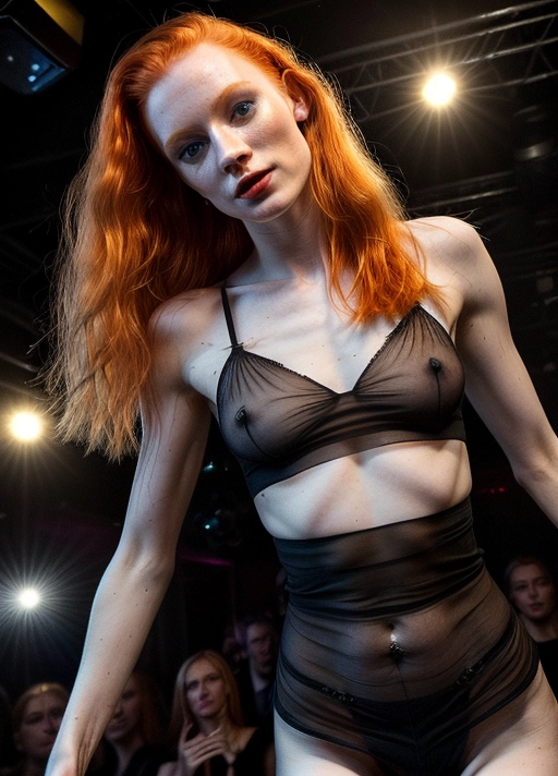 beautiful, (((18 year old))), ((juvenile)), scandinavian girl, redhead, wearing a small sheer black crop top and mini skirt, dancing in a busy night club, beautiful, detailed skin, realistic detailed face, Rough skin, Skin blemishes, detailed pours, looking at the viewer, anorexic, ((photojournalism)), fun, happy, sexy, erotic, dancing,<lora:dpmg_add_detail:1>, pale skin, perfect anatomy