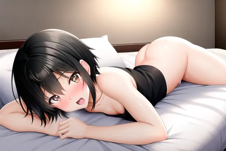 anime, girl, black short hair, tall, muscular, 6 pack, tomboy, surprised expression, naked, on bed, pillow, creampie, cum in pussy, after sex
