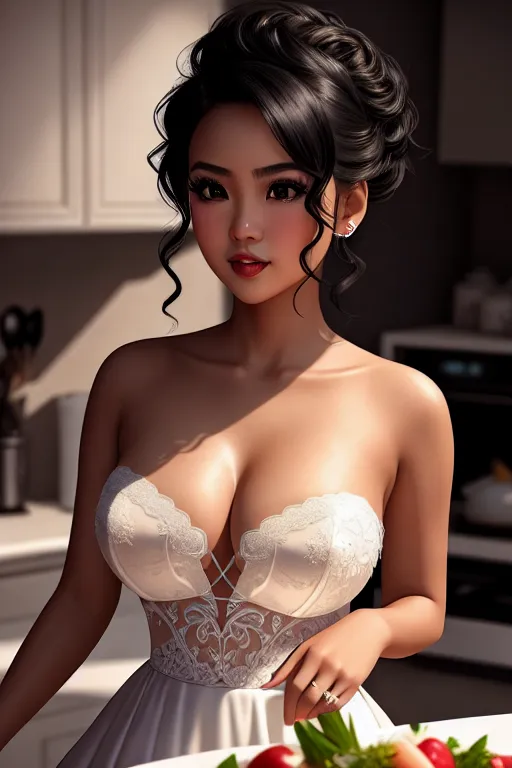 a concept art of,a philippine girl,wearing wedding dress,doing sexy pose,in the kitchen,natural breasts,five fingers per hand,short thick hair,beautiful face,beautiful lips,black eyes,curved eyebrows,textured skin,joyful,tattoo,pixiv,surreal,bokeh,smooth,8k