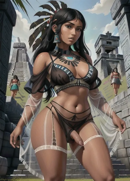 Chel, long straight black hair, full-body shot, (clear eyes), (masterpiece), ((high detail)), (Mesoamerica temple), ((Mesoamerica native)), ((hairy arm pit:1)), thick thighs, Voluptuous, large breasts, ((sheer fabric)), standing facing camara, hands on hips, ((dark olive skin:1)), exposing penis, (perfect penis), (black pubic hair), (large testicles).
