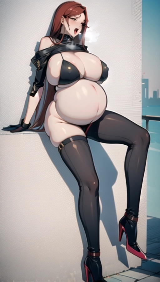 8k , UHD model face, women ,Dark red hair, public, public vore, Sexy pose leaning against the wall, one leg bent on the wall, view from the side , nylon Socks, black high heels boots, ((nude boobs)) ,((gigantic pregnant belly:1.4)),nipple dark pink , big nipple, gigantic boobs,((( gigantic belly ))), tattoo , vore, <lora:dpmg_black_see_through:0.9>, fetish, hungry Blick, hungry look, open mouth breathing, hot steam from the mouth