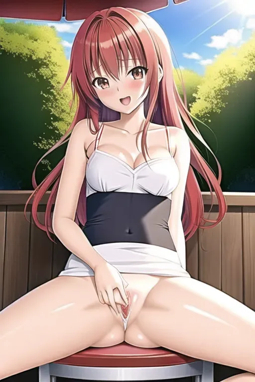 Digital art, 20 year old, anime girl, medium breasts, wide spread legs, light red hair, sitting on chair, no reflections, medium pussy, pussy, insanely beautiful, fully naked, happy, small thighs, blushing hard, fingering