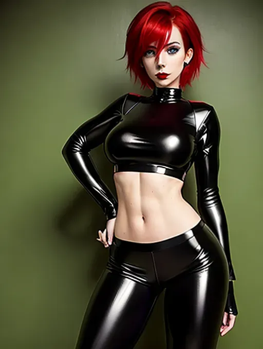 Thin and muscular irish girl with short length red hair and no breasts wearing tight leather pants and a tight leather shirt with green eyes and freckles on her face, black domino mask, red latex top, bare midriff, defined abs, six-pack, black latex pants