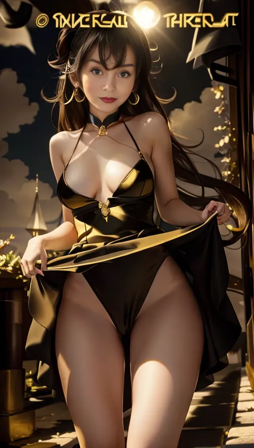 (Masterpiece), 8k resolution, best quality, hyper photo realistic,
Highly realistic details, perfect lighting,
Brunette girl, sexy,
Slim body, slender figure, small tits,
Perfect face, high detailed face,
Perfect body, light complexion,
Hair in a bun, presenting pussy,
Skirt lift, black dress with red and gold floral patterns, shaved pussy, in class