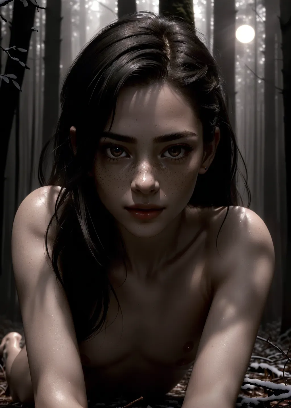 foto of hot longing shameless girl, ((accurate face)), ((accurate face)), sexy pose, five slender fingers, detailed large eyes,curved eyebrows,cinematic lighting, professional, female, ((whole body in frame)), on her back,
young beautiful, realistic hands, messy hair, (((lying on the ground naked in a dark forest))), misty, mysterious, ((small breasts)), perfect teeth, few freckles, anatomically correct, five fingers per hand, HD resolution, HD wallpaper, high contrast, professional, realistic, photorealistic, highly detailed, detailed face, young, professional photograph, winter, Ray tracing, skinny, realistic skin texture, (realistic nipples), (photorealistic), low angle shot, (masterpiece), (best quality), nude, moonlight, dark,