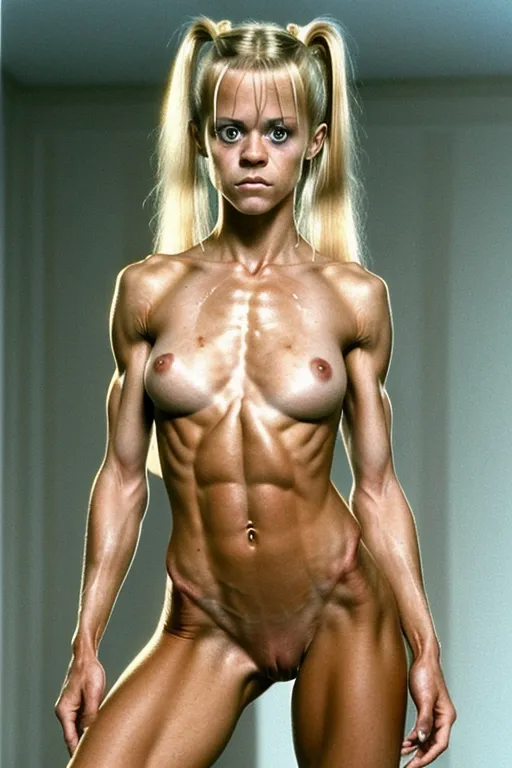 A very fit and skinny 18 year old naked Linnea Quigley, look of pain on her face, pushing her abs out, very low body fat, extremely lean body, perfect body, showing her vagina, standing in a hot fuck palace, fully nude, fully tanned, hair bun, spreading her legs, perfectly shaped breast, blue eyes, blonde hair